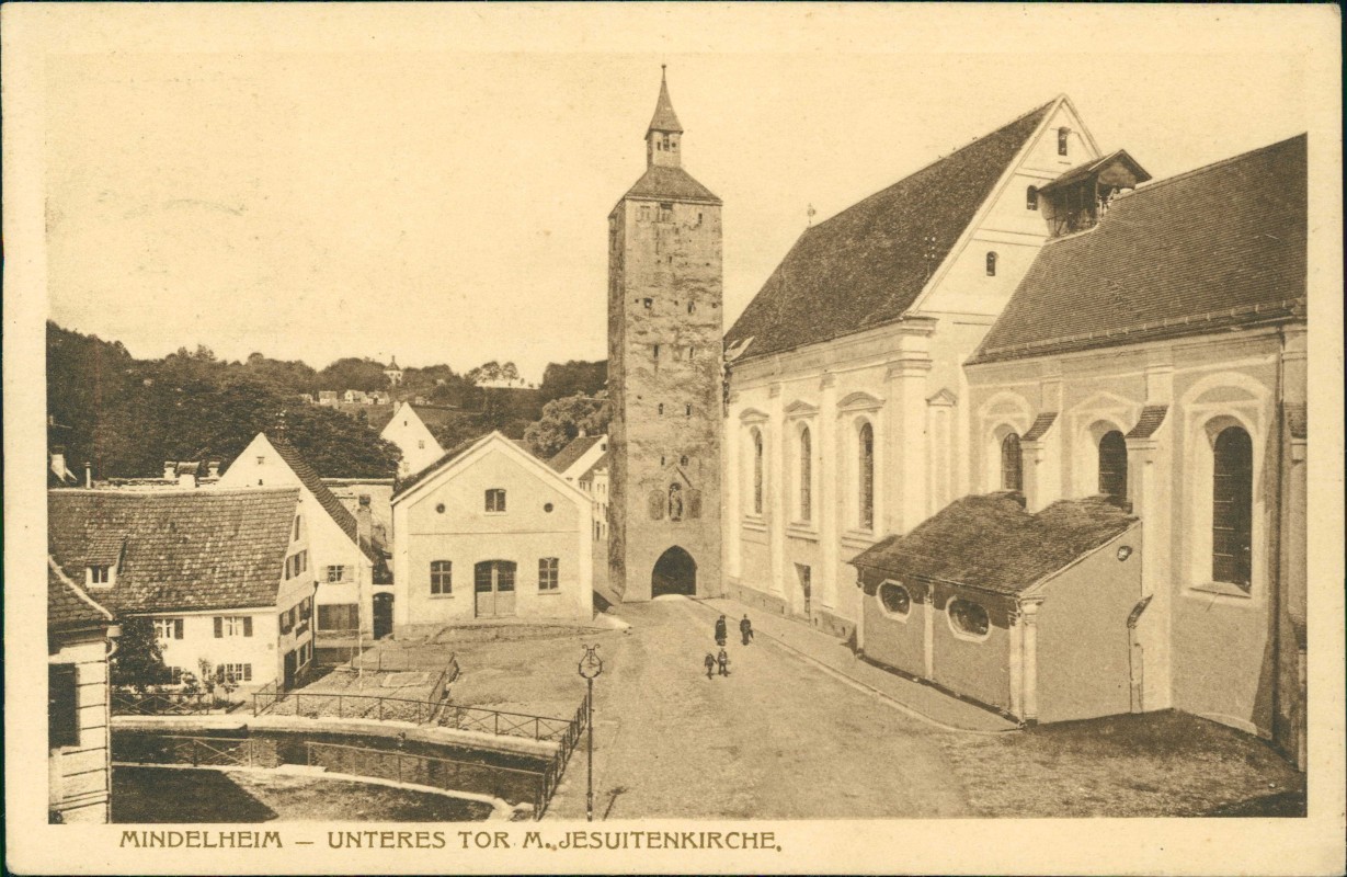 vergrößern: Bildseite historische Ansichtskarte von 1913: Unteres Tor M. Jesuitenkirche:: Mindelheim