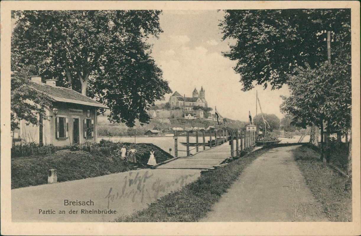zoom: Image side vintage Postcard from 1928: Partie an der Rheinbrücke:: Breisach (Rhein)