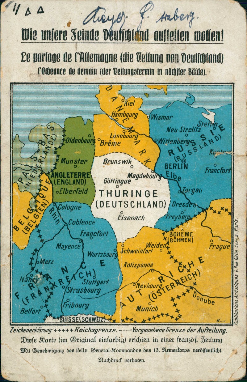 vergrößern: Bildseite historische Ansichtskarte von 1919: Militär 1.WK Erster Weltkrieg Die Teilung von Deutschland::