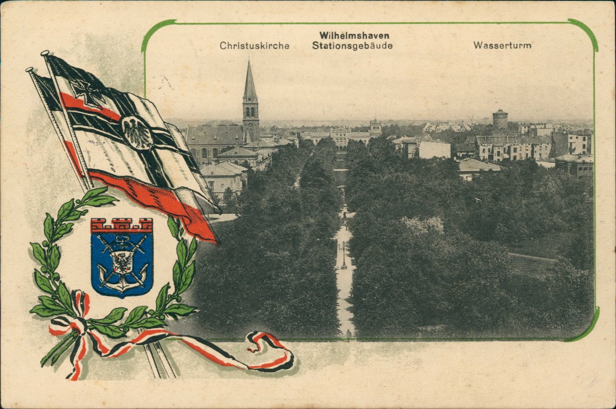 vergrößern: Bildseite historische Ansichtskarte von 1915: Stadtionsgebäude Wasserturm Heraldik Patriotika:: Wilhelmshaven