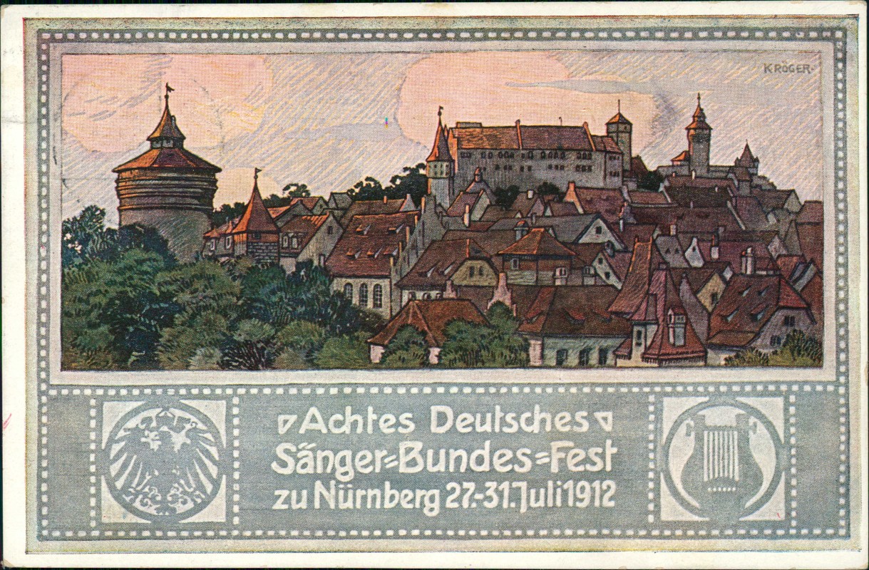 vergrößern: Bildseite historische Ansichtskarte von 1912: 8. Deutsches Sänger-Bundes-Fest Künstlerkarte:: Nürnberg