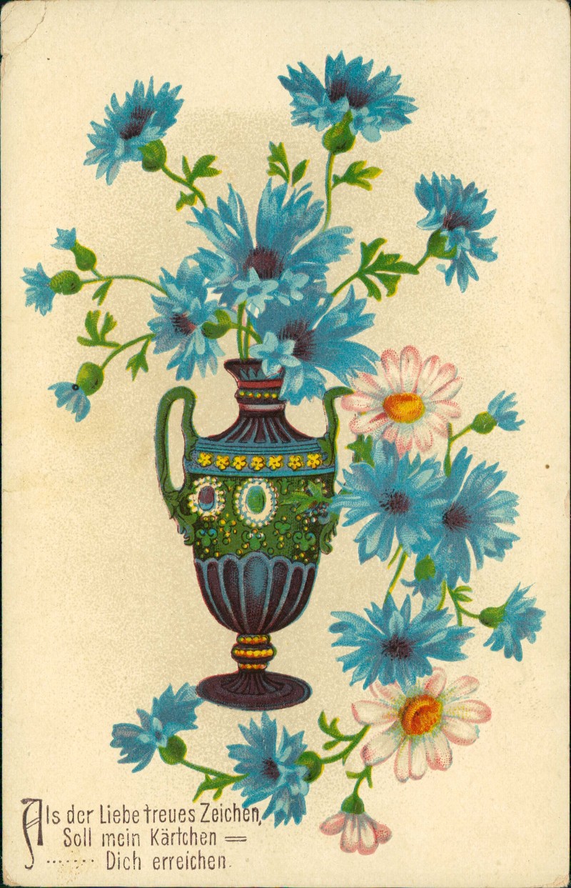 vergrößern: Bildseite historische Ansichtskarte von 1914: Vase mit Kornblumen und Kamille::