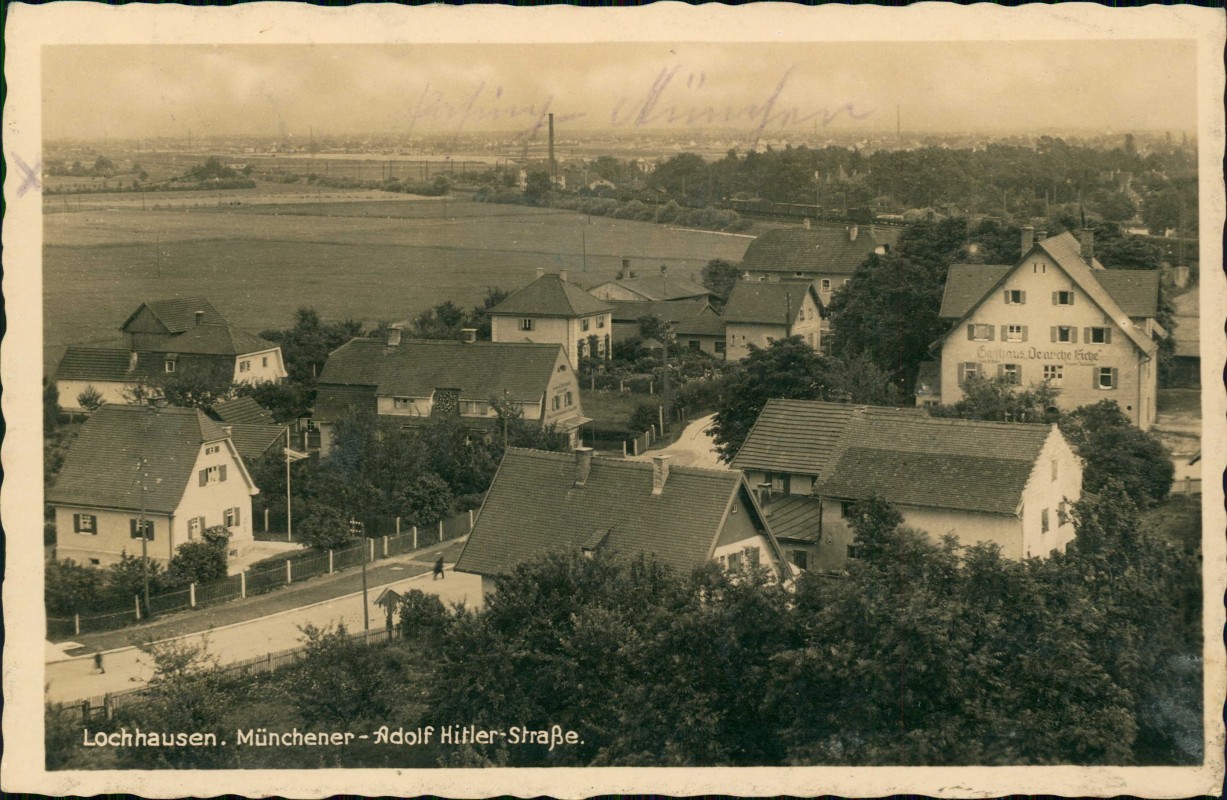 vergrößern: Bildseite historische Ansichtskarte von 1938: Münchener - Hauptstraße, Fabrik:: Lochhausen-München
