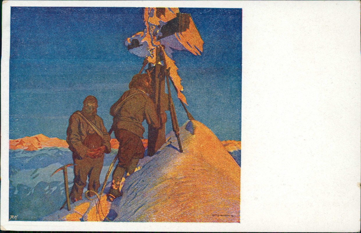 vergrößern: Bildseite historische Ansichtskarte von 1938: Bergsteiger am Gipfelkreuz - Großglockner Künstlerkarte:: Zell am See