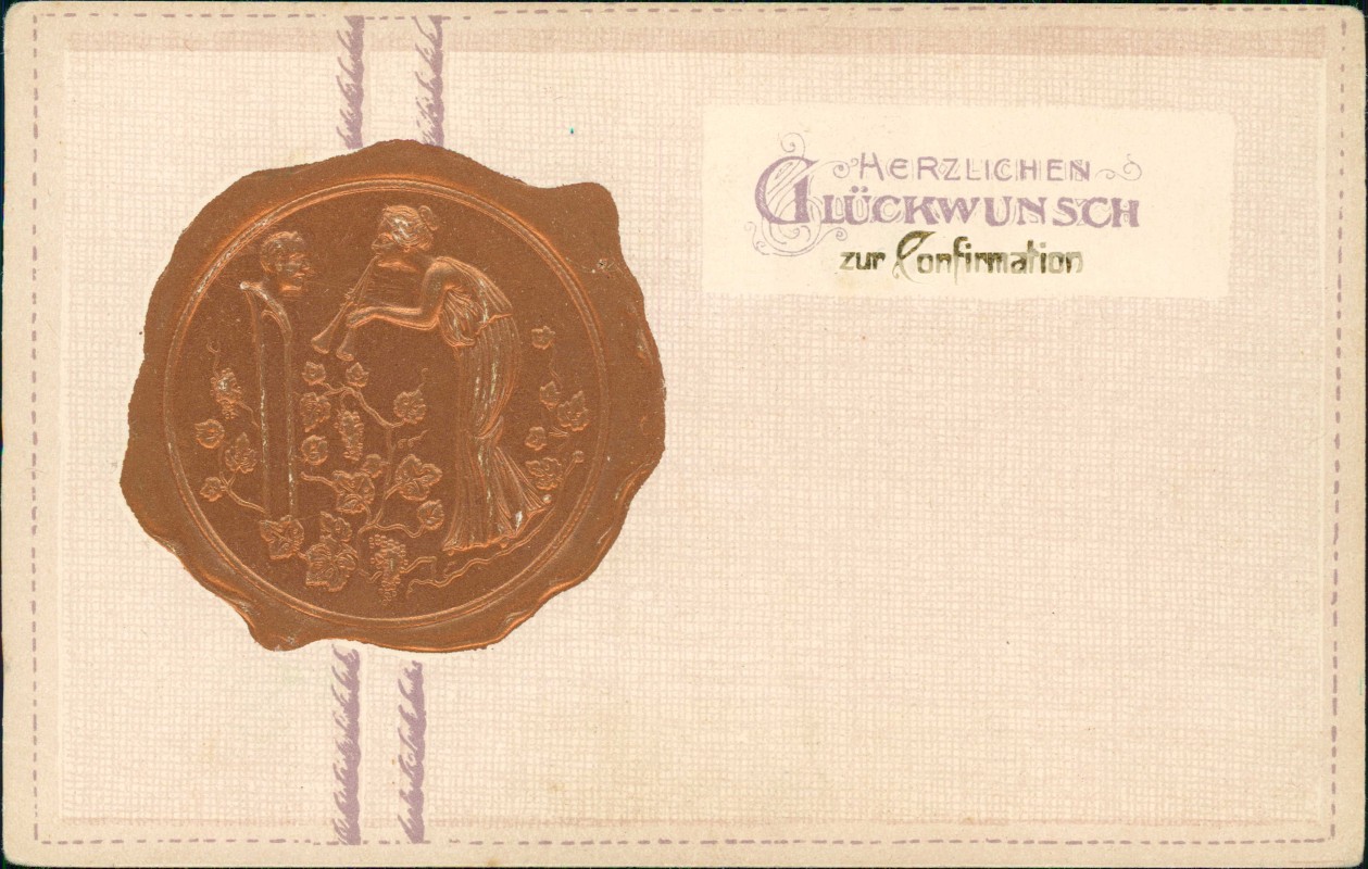 vergrößern: Bildseite historische Ansichtskarte von 1912: Glückwunsch - Konfirmation Gold-Siegel Frau::