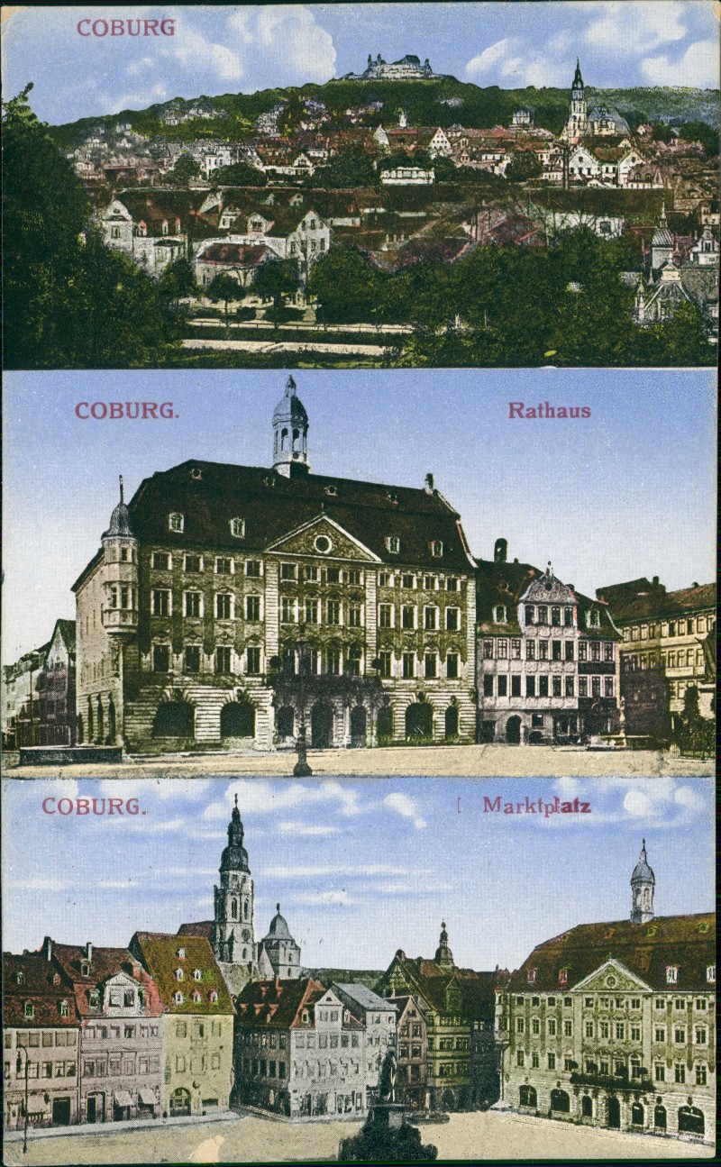 vergrößern: Bildseite historische Ansichtskarte von 1920: 3 Bild Marktplatz Rathaus:: Coburg