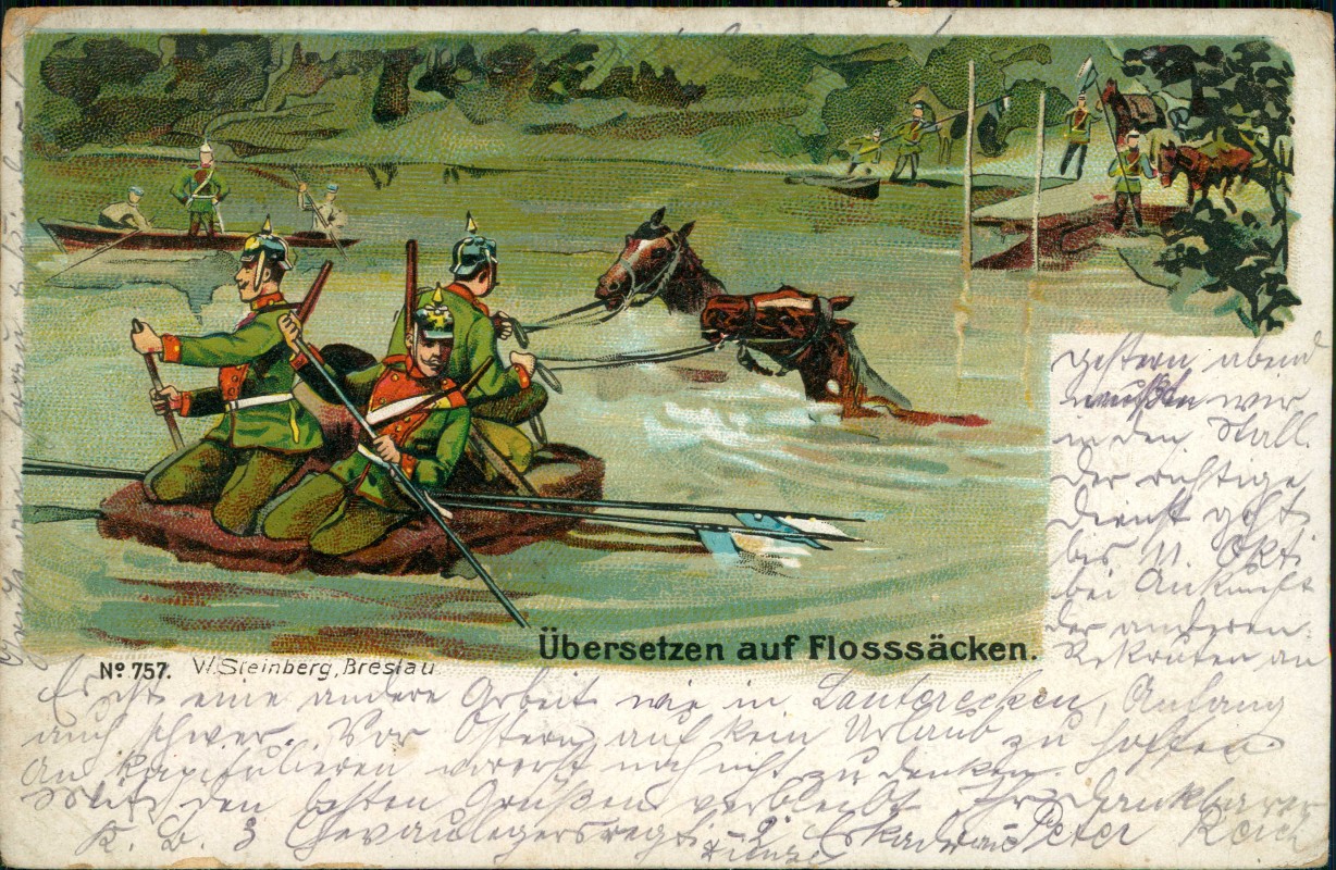 vergrößern: Bildseite historische Ansichtskarte von 1913: Künstlerkarte - Militär Übersetzen auf Flosssäcken::