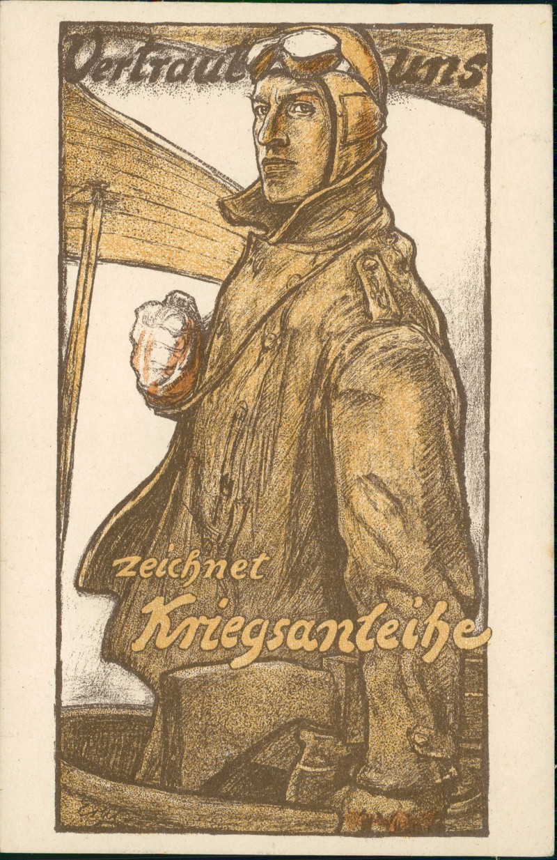 vergrößern: Bildseite historische Ansichtskarte von 1916: Kriegsanleihe - WK I Militaria Flieger Pilot::