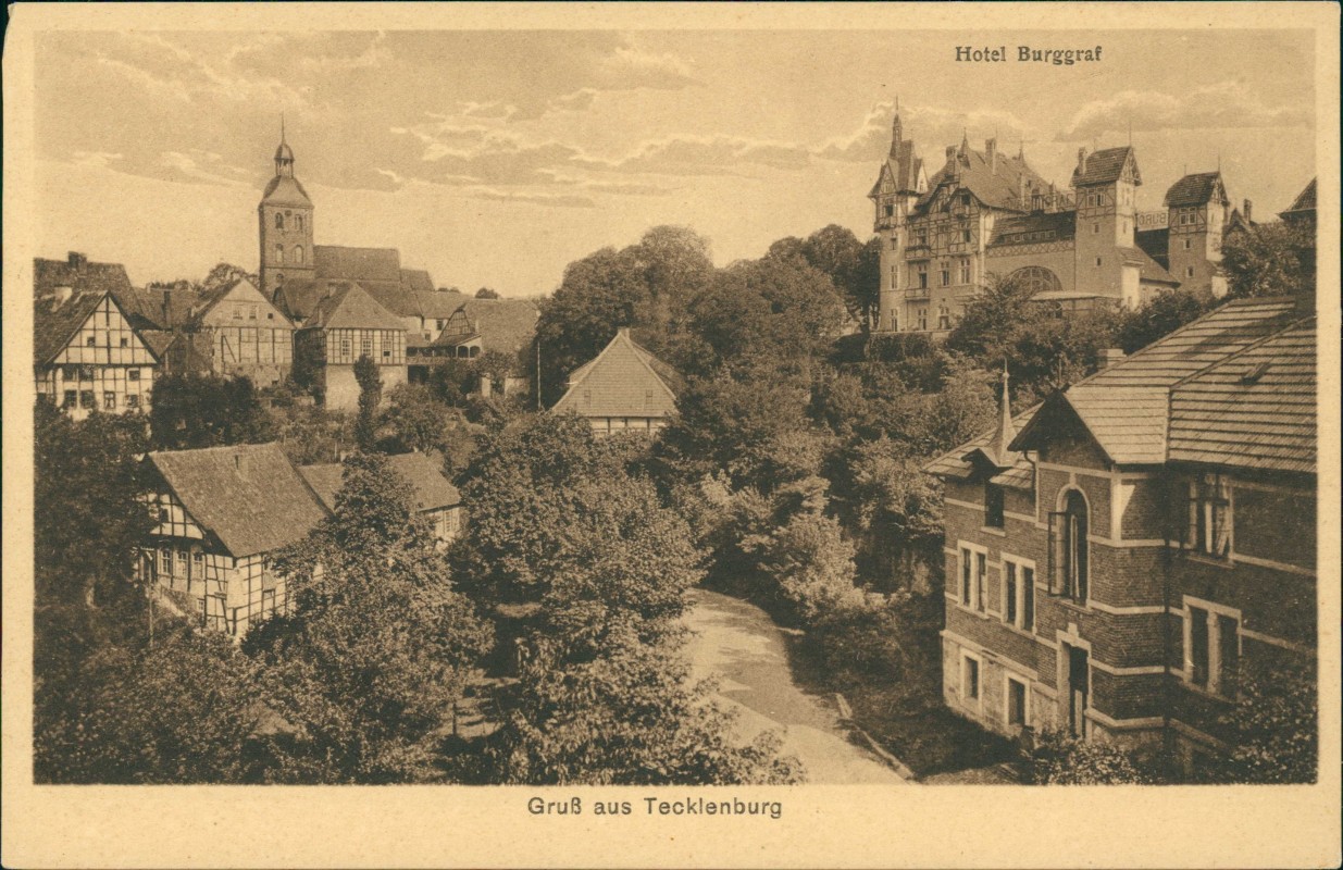 zoom: Image side vintage Postcard from 1916: Hotel Burggraf Stadt und Straßenpartie:: Tecklenburg