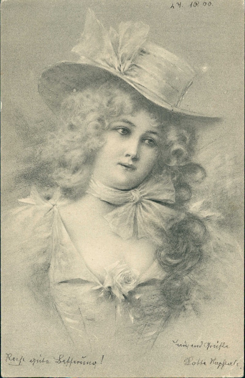 vergrößern: Bildseite historische Ansichtskarte von 1900: Künstlerkarte elegante Dame mit Hut::