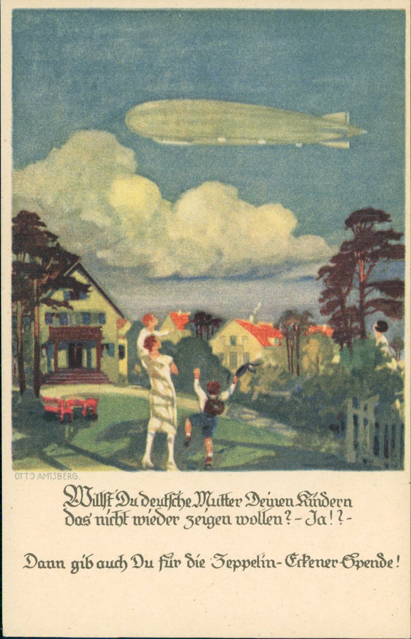 vergrößern: Bildseite historische Ansichtskarte von 1917: Flugwesen - Zeppelin über Siedlung jubelnde Menschen::