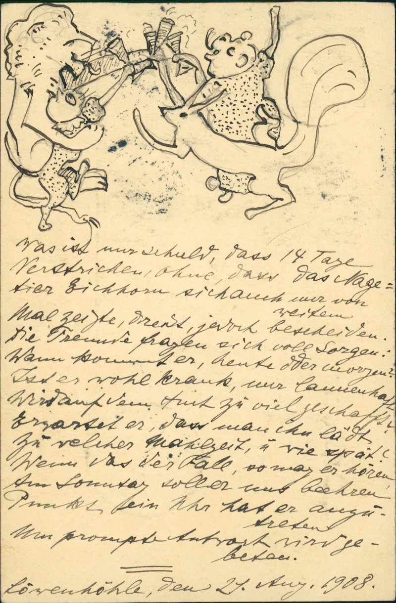 zoom: Image side vintage Postcard from 1908: Künstlerkarte Illustration Tiere Löwe::