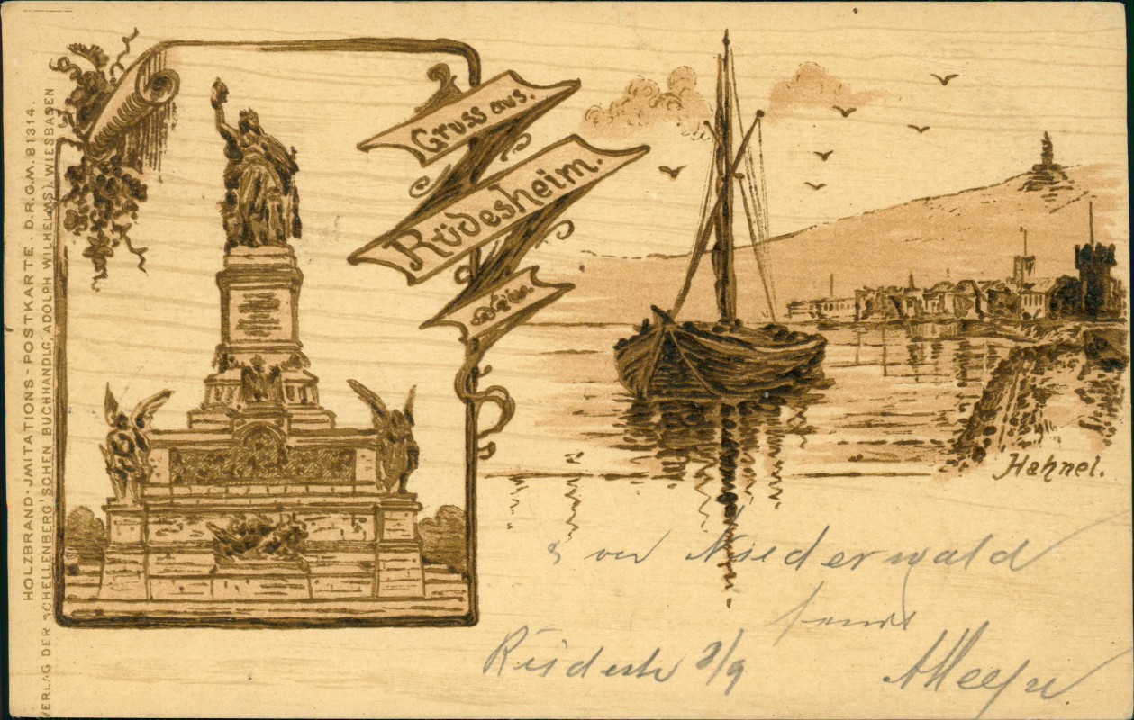 vergrößern: Bildseite historische Ansichtskarte von 1901: 2 Bild Rheinpartie Holzbrand-Imitationskarte:: Rüdesheim (Rhein)