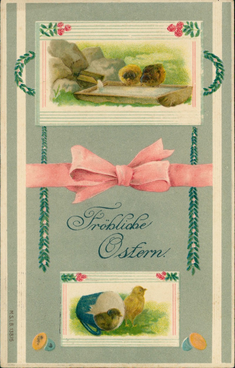 vergrößern: Bildseite historische Ansichtskarte von 1908: Ostern Easter Künstlerkarte Küken Schleife::