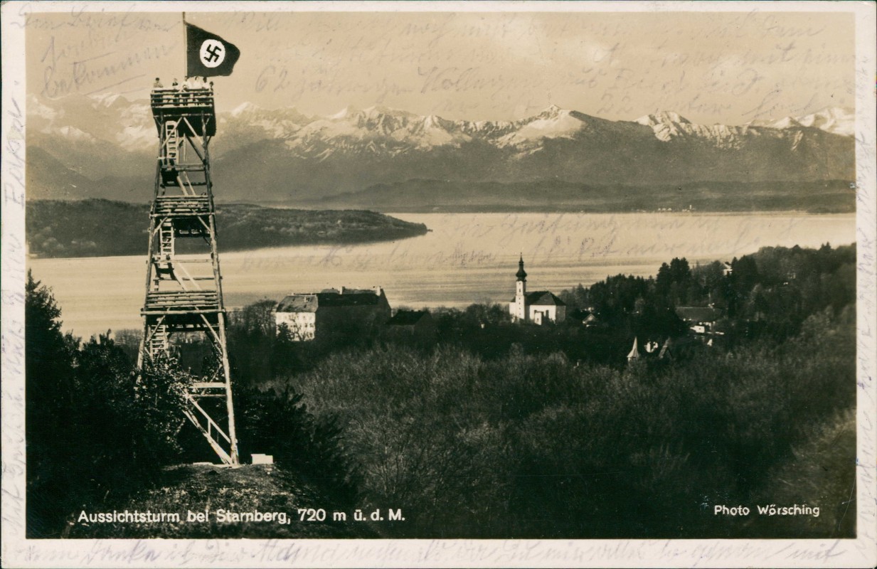 vergrößern: Bildseite historische Ansichtskarte von 1940: Aussichtsturm Propaganda:: Starnberg