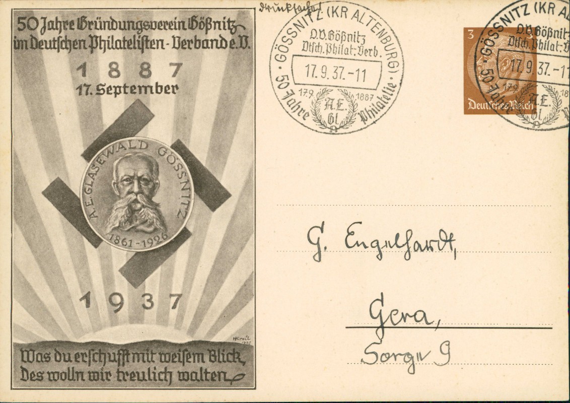 zoom: Image side vintage Postcard from 1937: 50 Jahre Gründungsverein Gößnitz Altenburg Propaganda::