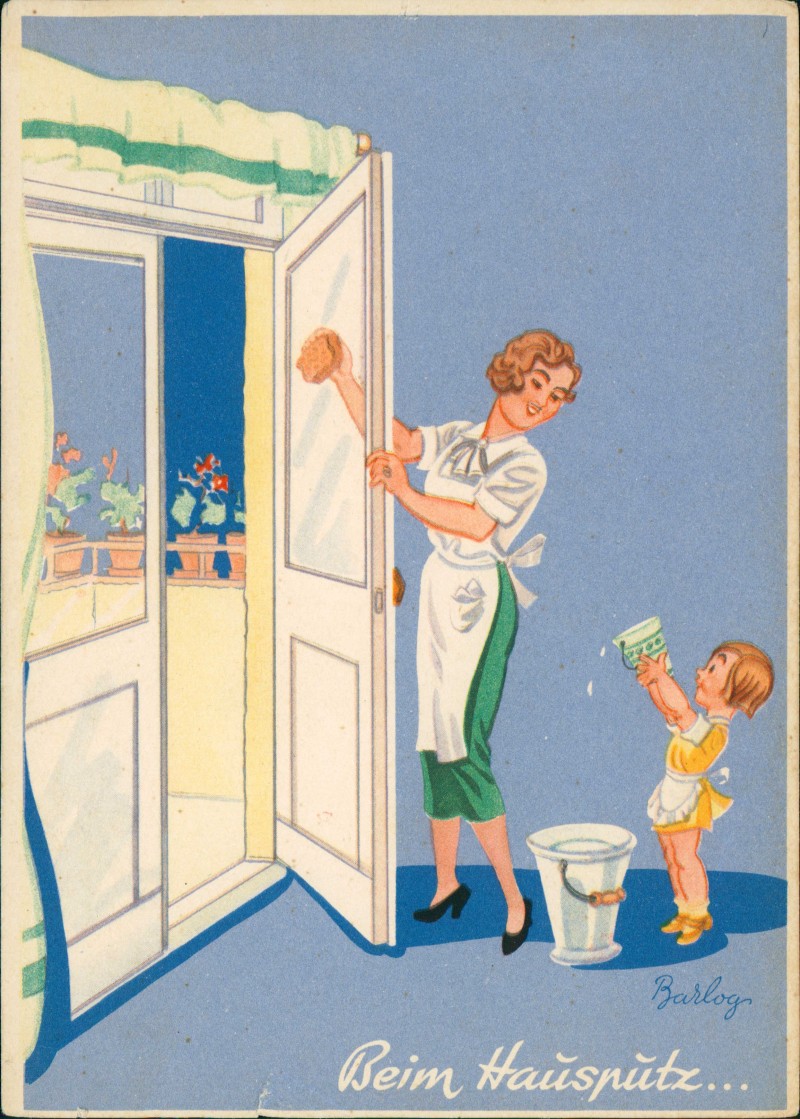 vergrößern: Bildseite historische Ansichtskarte von 1955: Reklame & Werbung Frau Fensterputzen AGFA Viskose Schwamm::