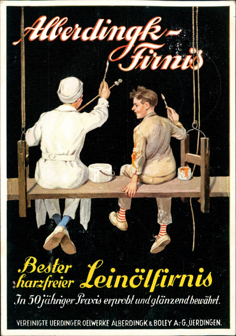 vergrößern: Bildseite historische Ansichtskarte von 1937: Reklame & Werbung Künstlerwerbekarte Alberdingk-Firnis Ürdingen::