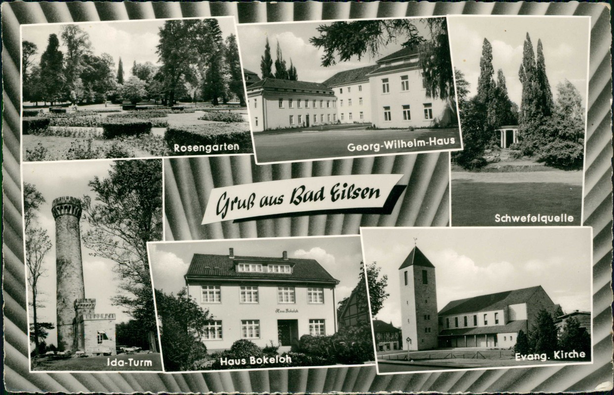 zoom: Image side vintage Postcard from 1960: MB: Schwefelquelle Evang. Kirche Rosengarten:: Bad Eilsen
