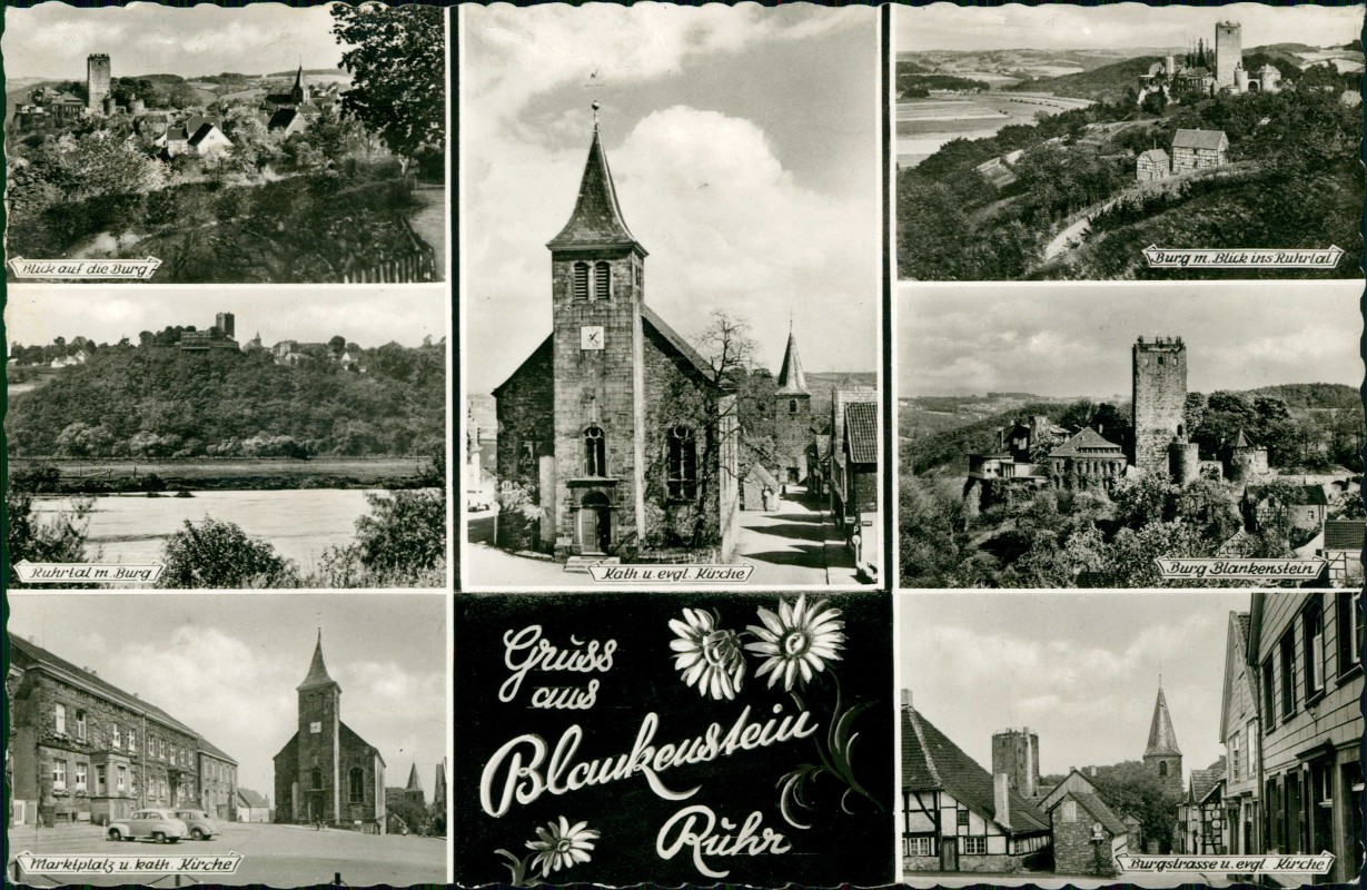 zoom: Image side vintage Postcard from 1963: Mehrbild Burgstrasse Markt Burg:: Blankenstein (Ruhr)