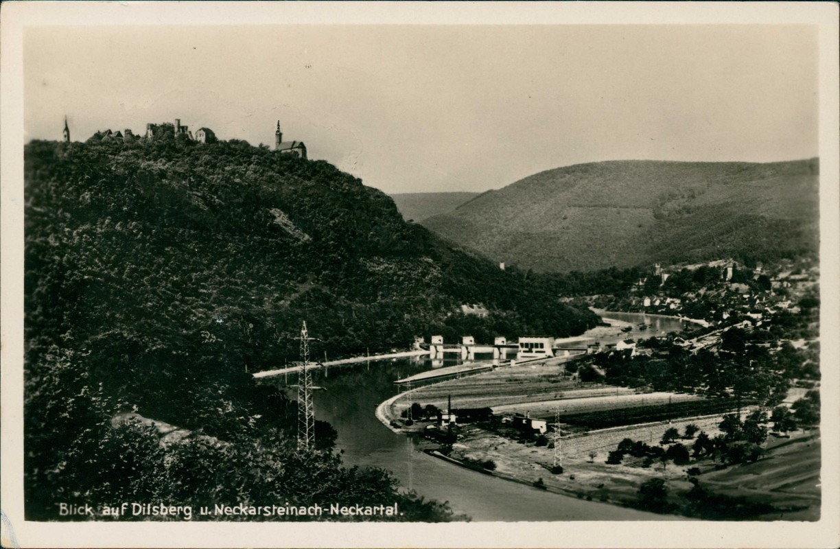 zoom: Image side vintage Postcard from 1949: Stauwerk Stadt Strommasten:: Dilsberg-Neckargemünd