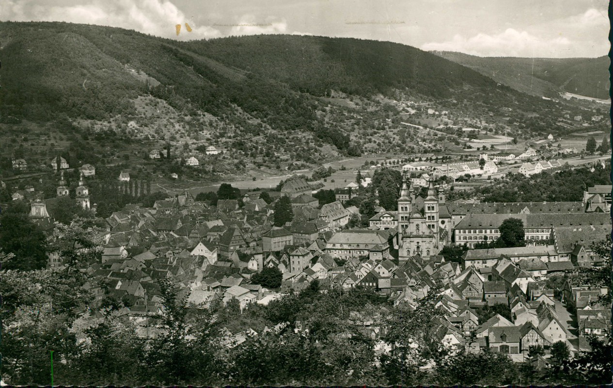 vergrößern: Bildseite historische Ansichtskarte von 1965: Blick vom Wolkmann:: Amorbach