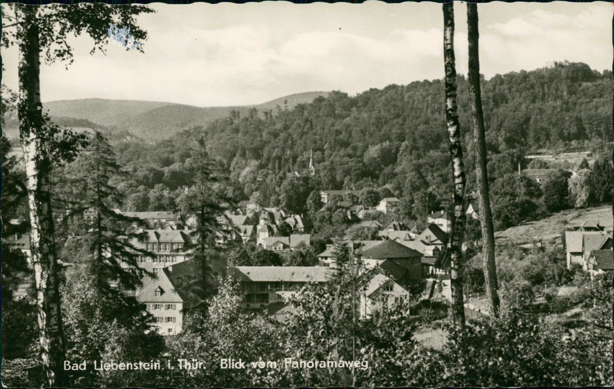 vergrößern: Bildseite historische Ansichtskarte von 1959: Blick vom Panoramaweg:: Bad Liebenstein