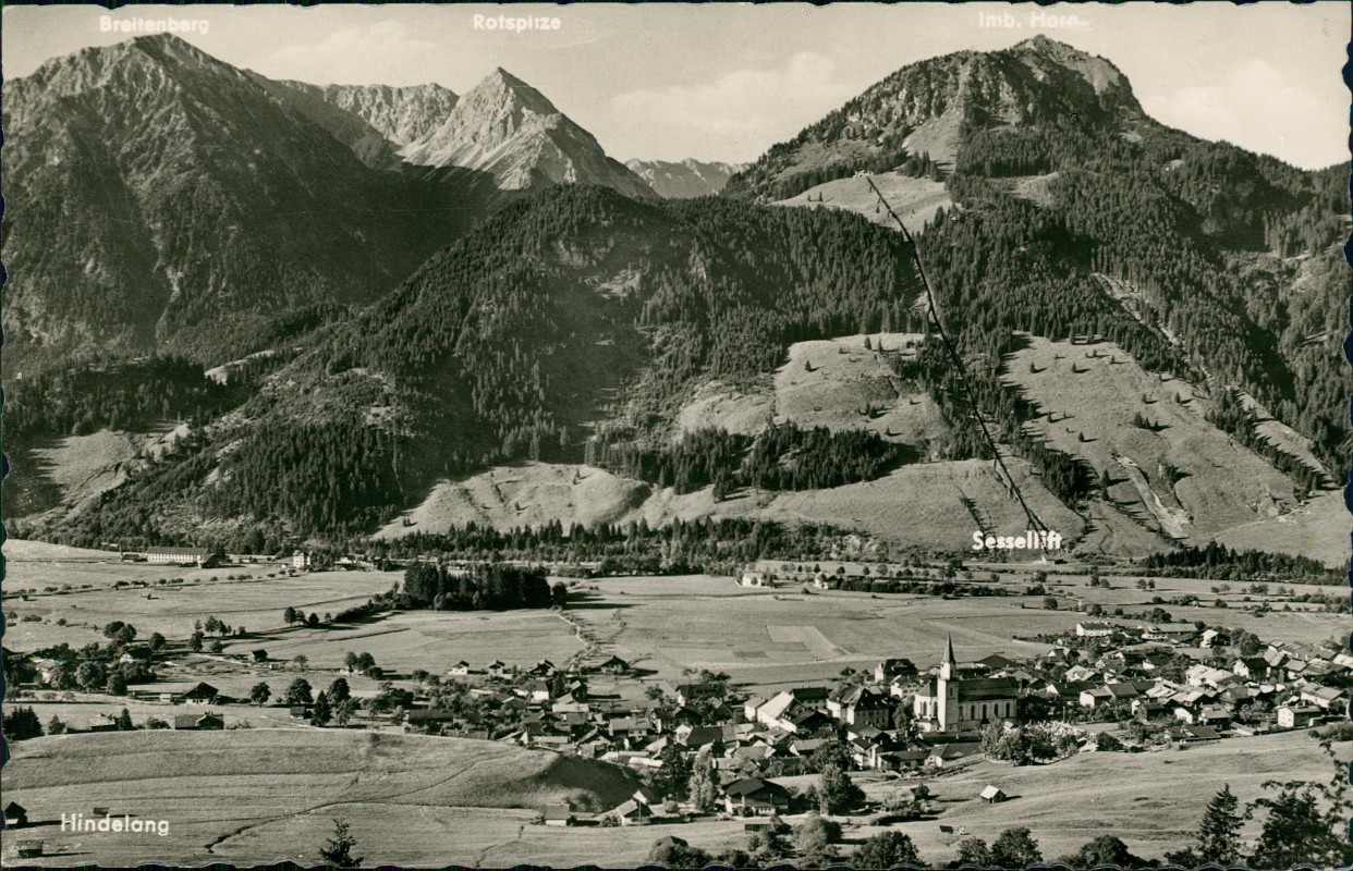 vergrößern: Bildseite historische Ansichtskarte von 1965: Fernblick auf die Stadt - Sessellift:: Bad Hindelang