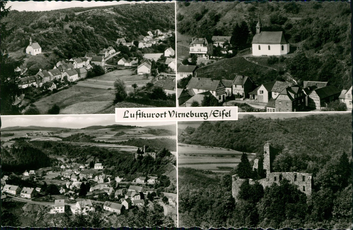 vergrößern: Bildseite historische Ansichtskarte von 1962: 4 Bild Stadtansichten Luftbild:: Virneburg Eifel