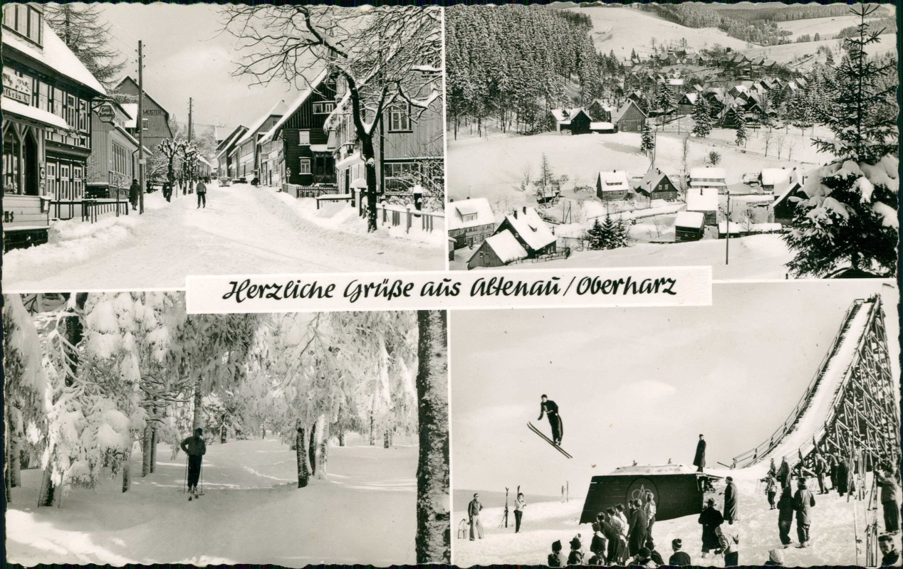vergrößern: Bildseite historische Ansichtskarte von 1963: 4 Bild Winteransichten Sprungschanze:: Bergstadt Altenau- Schulenberg im Oberharz-Clausthal-Zellerfeld
