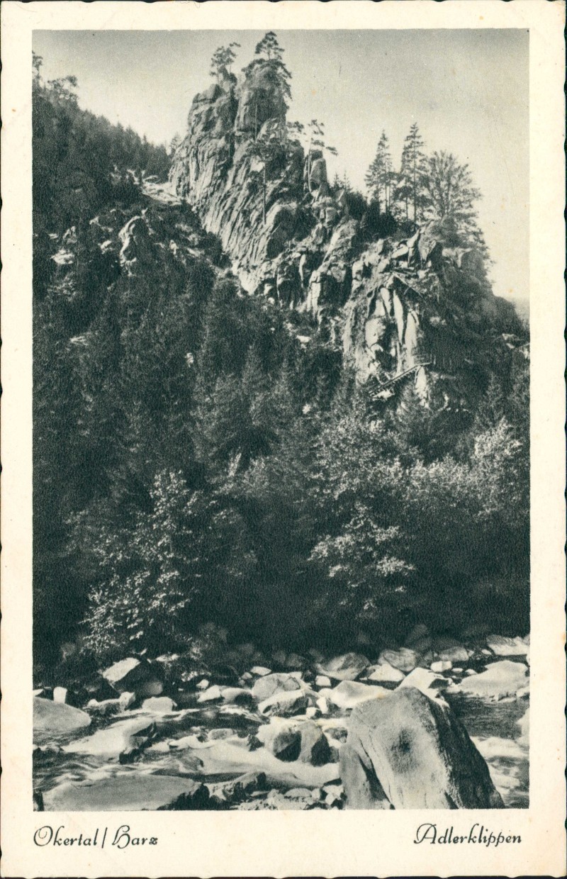 vergrößern: Bildseite historische Ansichtskarte von 1956: Adlerklippen Okertal:: Oker-Goslar
