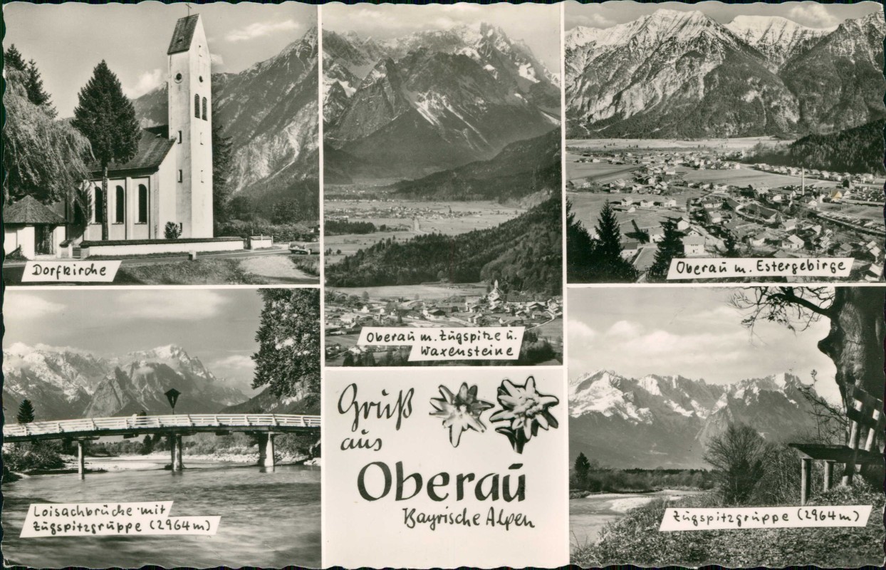 zoom: Image side vintage Postcard from 1965: Stadtteilansichten Dorfkirche Stadt Brücke:: Oberau (Oberbayern)