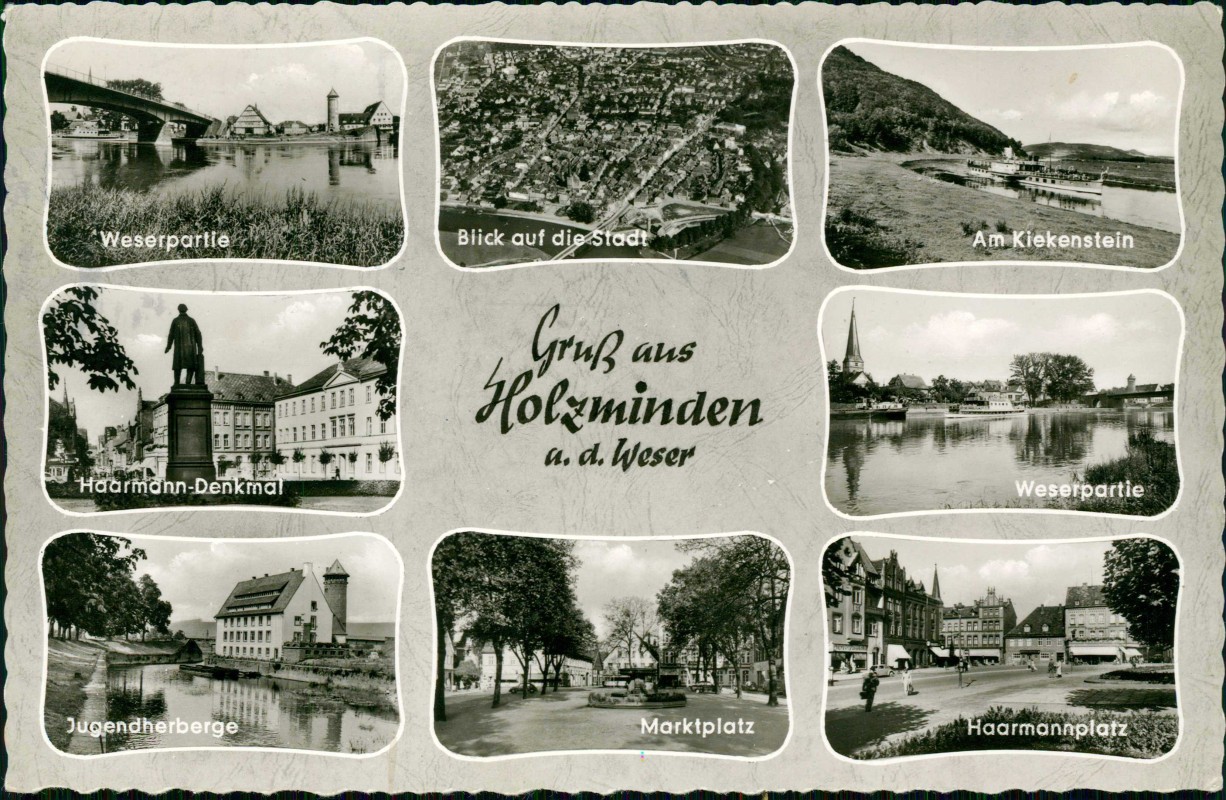 zoom: Image side vintage Postcard from 1966: Haarmann-Denkmal Jugendherberge Weserpartie Marktplatz:: Holzminden