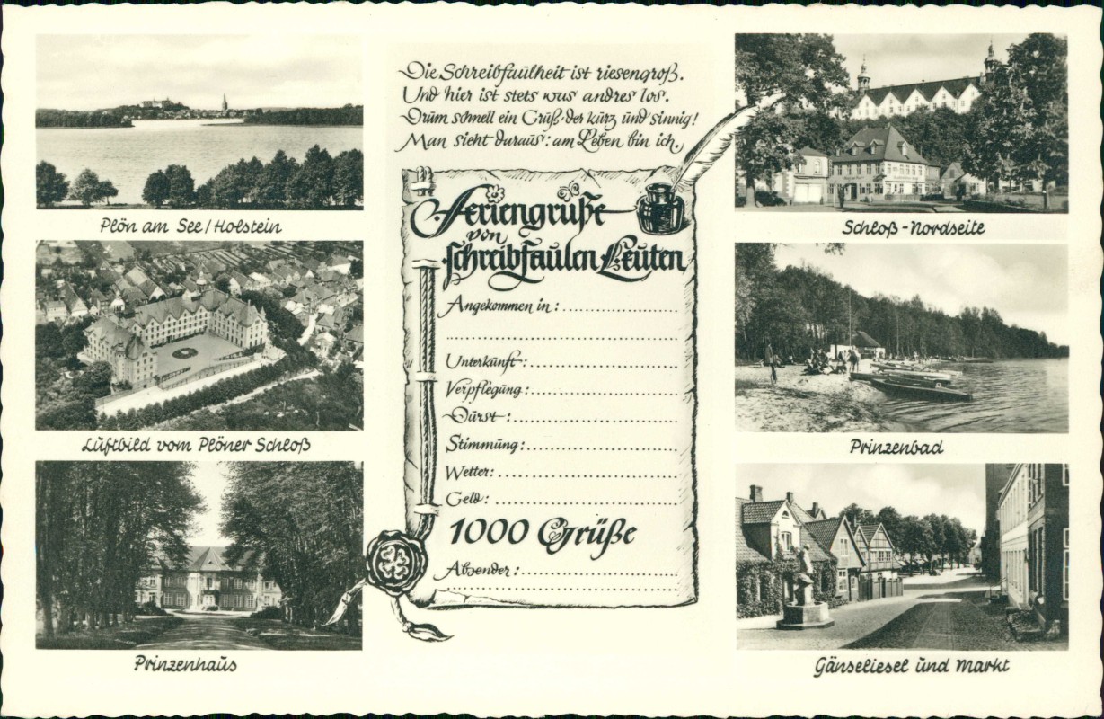 vergrößern: Bildseite historische Ansichtskarte von 1964: Stadtteilansichten Luftbild 1000 Grüße:: Plön