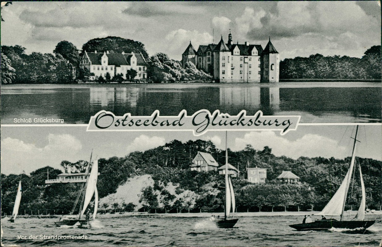 vergrößern: Bildseite historische Ansichtskarte von 1963: 2 Bild Schloß u. Segelboote vor der Strandpromenade:: Glücksburg (Ostsee)