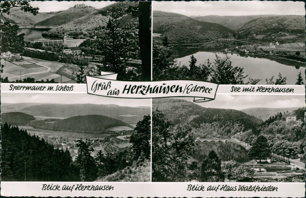 vergrößern: Bildseite historische Ansichtskarte von 1964: 4 Bild Stadt Umland Staumauer:: Herzhausen-Vöhl