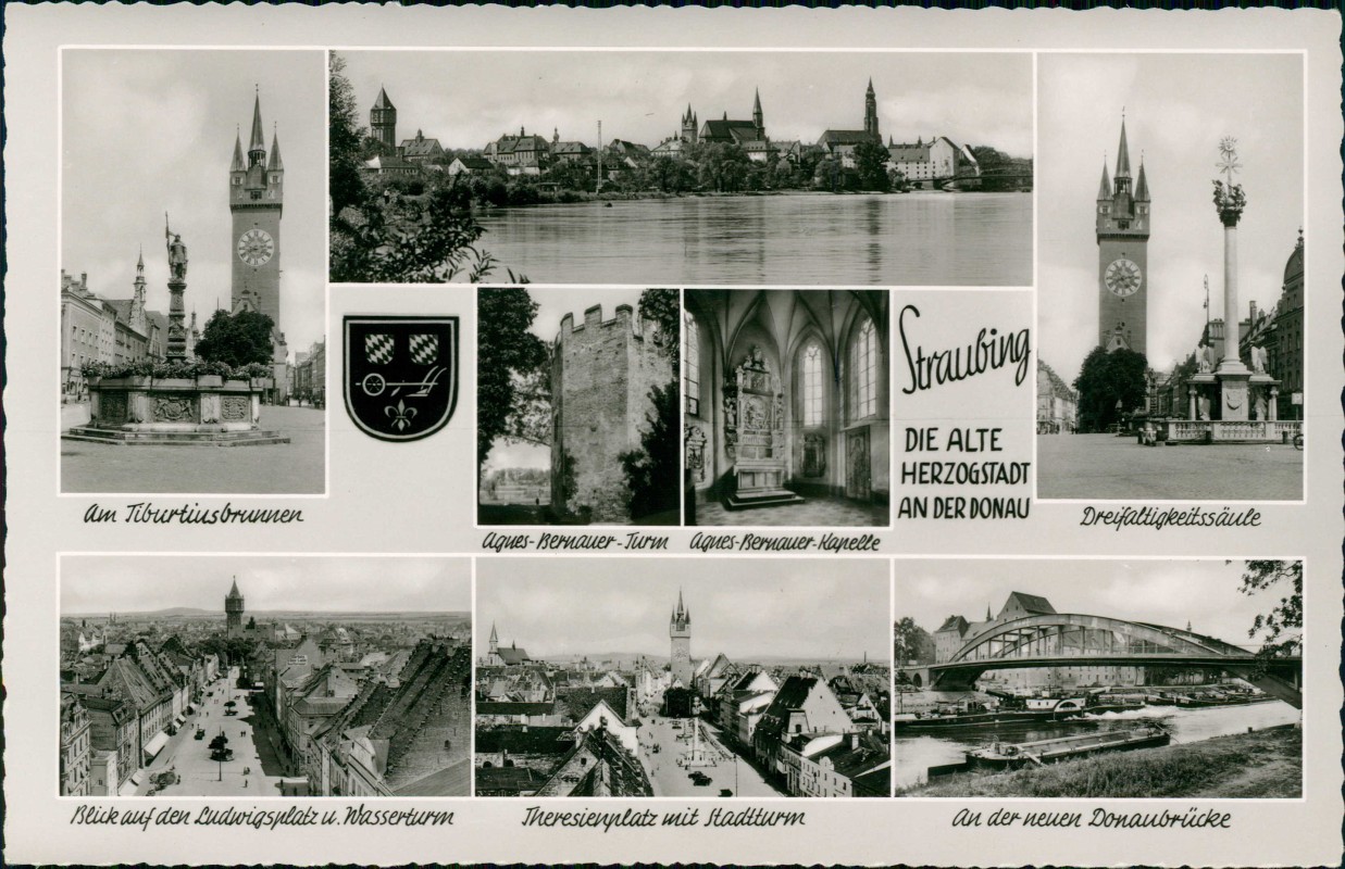 vergrößern: Bildseite historische Ansichtskarte von 1965: Mehrbild Stadtteilansichten Fotokarte:: Straubing