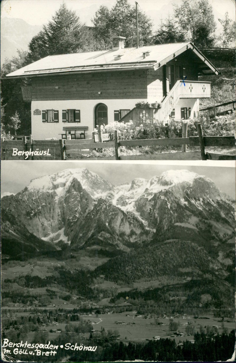 vergrößern: Bildseite historische Ansichtskarte von 1954: 2 Bild Panorama, Berghäusl:: Berchtesgaden
