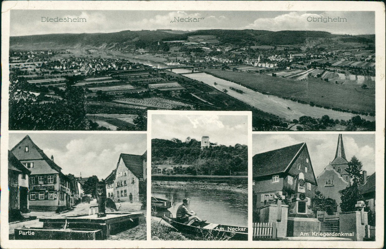 vergrößern: Bildseite historische Ansichtskarte von 1960: 4 Bild Stadt Kriegerdenkmal Partie:: Deidesheim