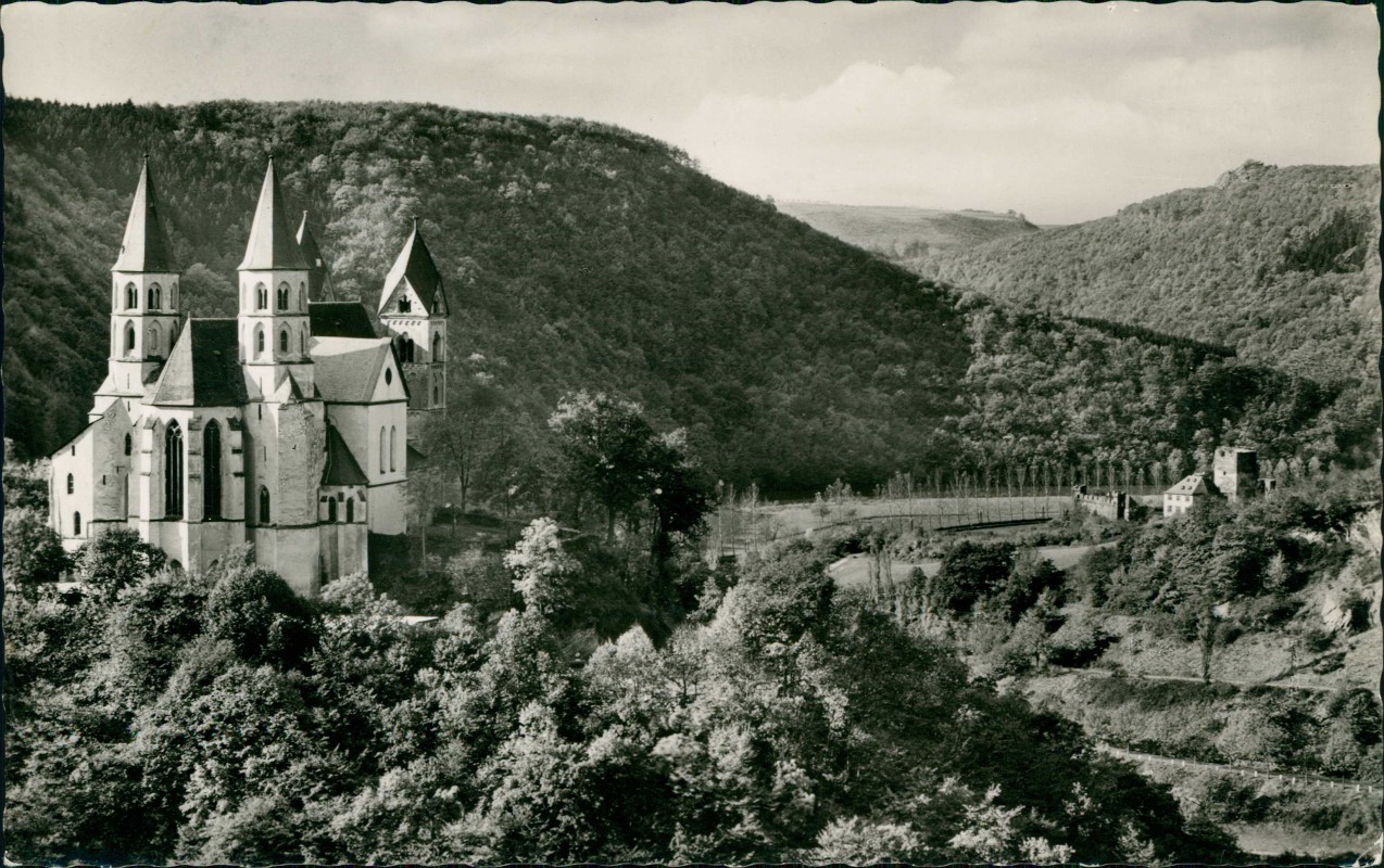 vergrößern: Bildseite historische Ansichtskarte von 1963: Kloster Arnstein und Schloß Lagenau:: Obernhof (Lahn)