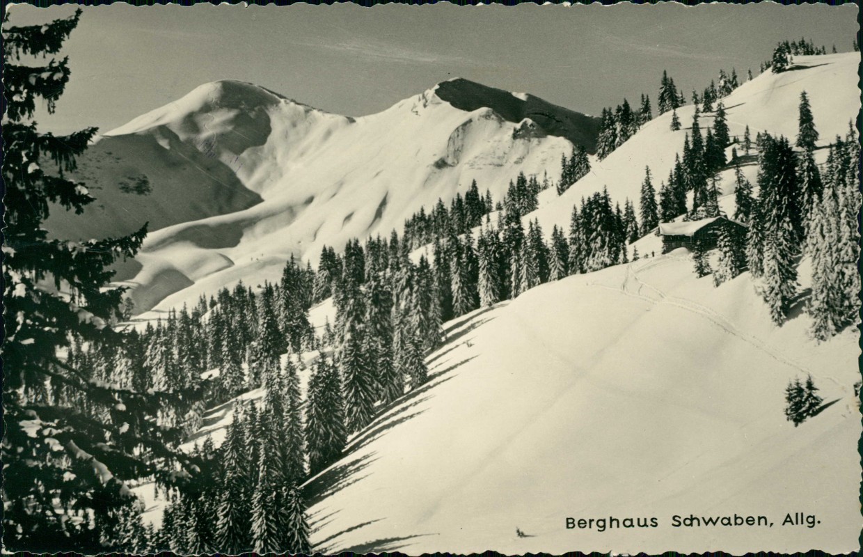 vergrößern: Bildseite historische Ansichtskarte von 1959: Berghaus Schwaben Fotokarte:: Bolsterlang