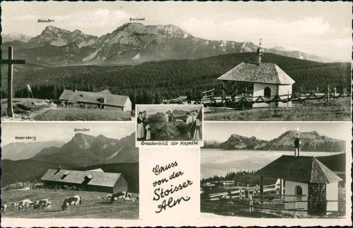 vergrößern: Bildseite historische Ansichtskarte von 1964: Mehrbildkarte Stoisser Alm Kapelle Kühe:: Teisendorf