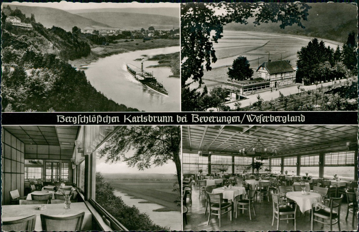 vergrößern: Bildseite historische Ansichtskarte von 1968: Bergschlößchen Karlsbrunn mit Gastraum MB:: Beverungen