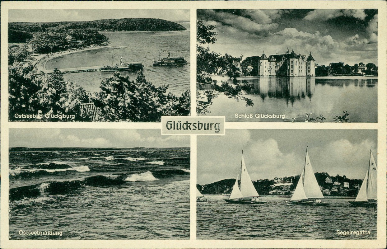 zoom: Image side vintage Postcard from 1953: 4 Bild Segelregatta Schloß:: Glücksburg