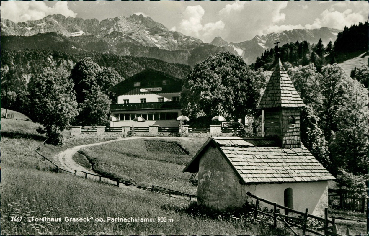vergrößern: Bildseite historische Ansichtskarte von 1961: Forsthaus Graseck Fotokarte:: Partenkirchen-Garmisch-Partenkirchen