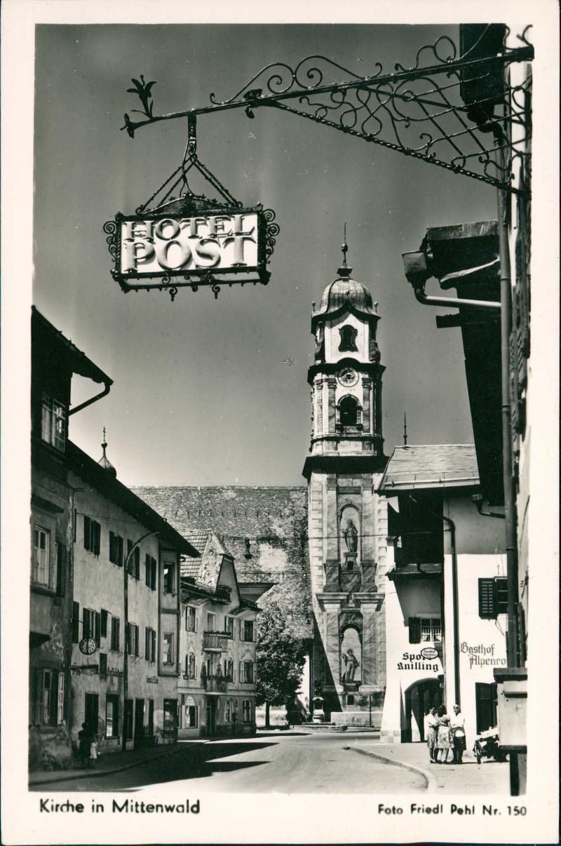 zoom: Image side vintage Postcard from 1958: Straßenpartie Hotel Post - Fotokarte:: Mittenwald