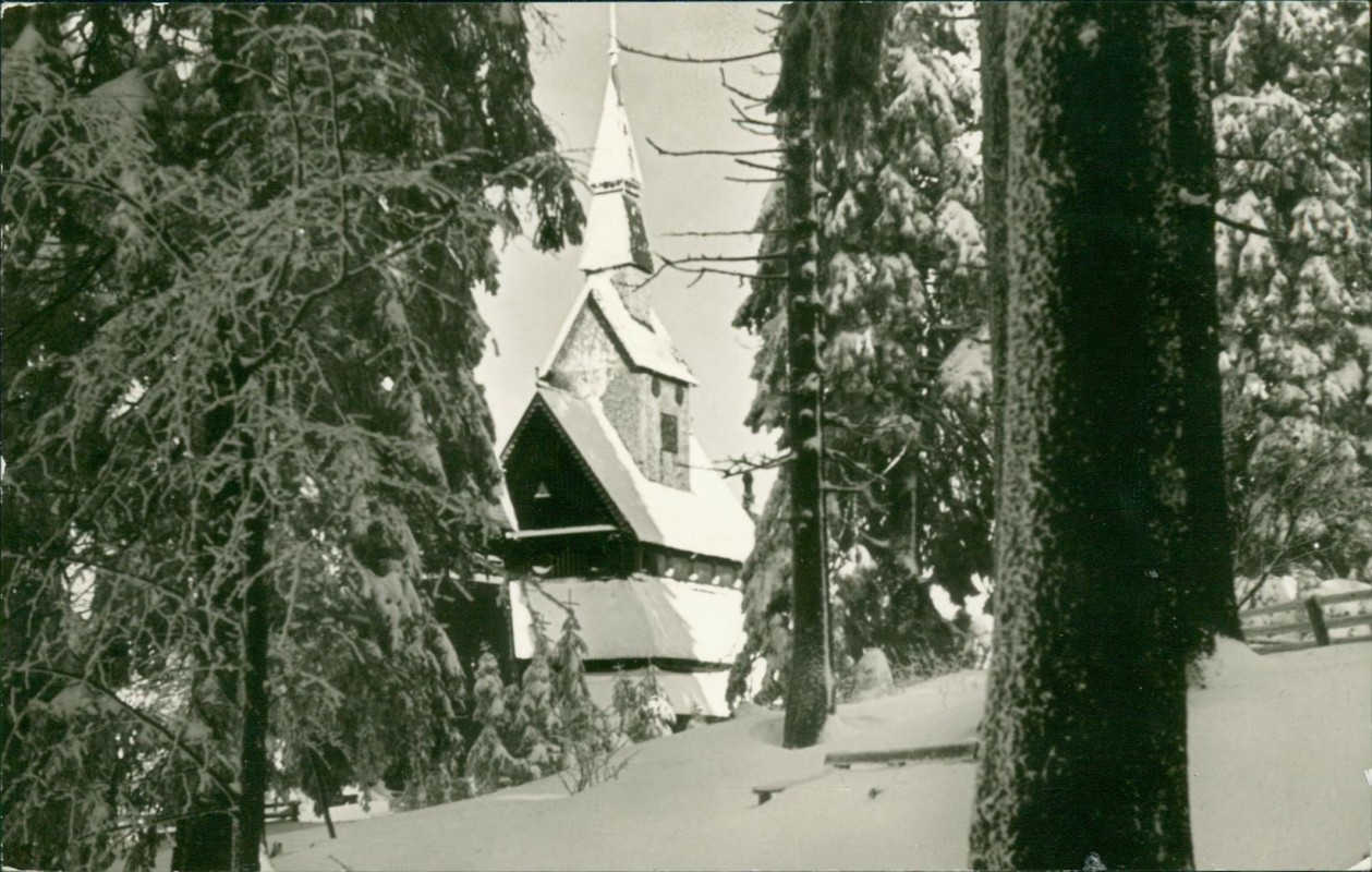 zoom: Image side vintage Postcard from 1969: Gustav-Adolf-Stabkirche im Winter:: Hahnenklee-Hahnenklee-Bockswiese-Goslar