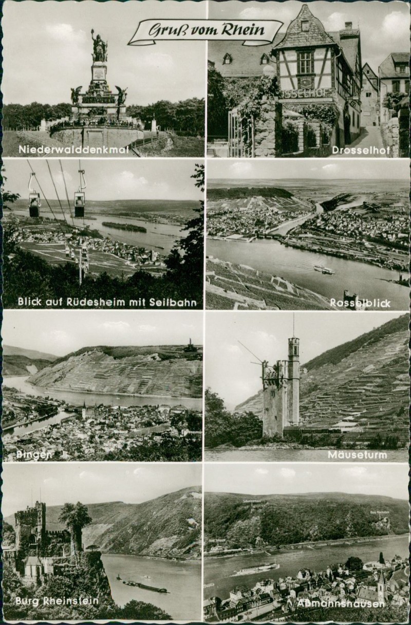 vergrößern: Bildseite historische Ansichtskarte von 1956: Gruß vom Rhein Niederwalddenkmal Drosselhof Bingen Mäuseturm Aßmannshausen::