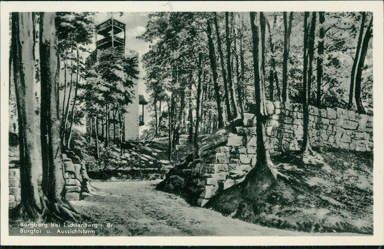 vergrößern: Bildseite historische Ansichtskarte von 1956: Burgberg bei Lichtenberg i. Br. Burgtor u. Aussichtsturm::