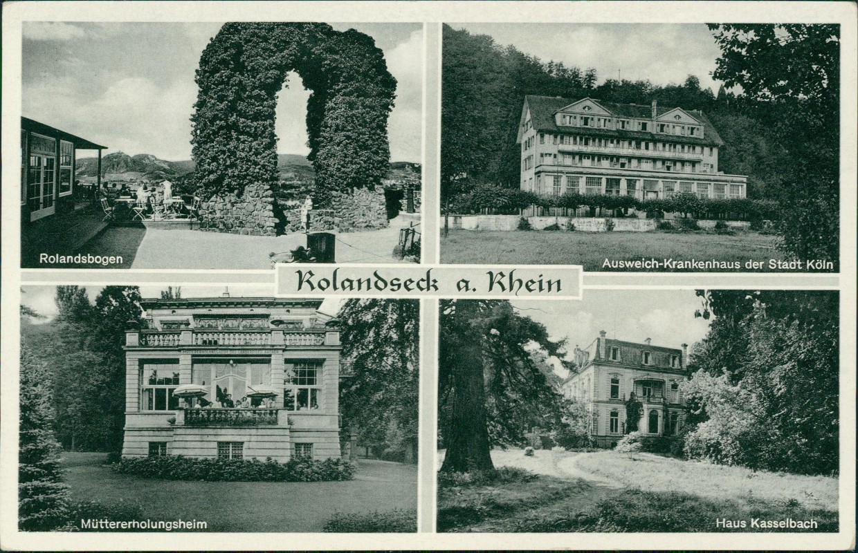 vergrößern: Bildseite historische Ansichtskarte von 1956: 4 Bild Ausweich-Krankenhaus der Stadt Köln Mütterheim:: Rolandseck-Remagen